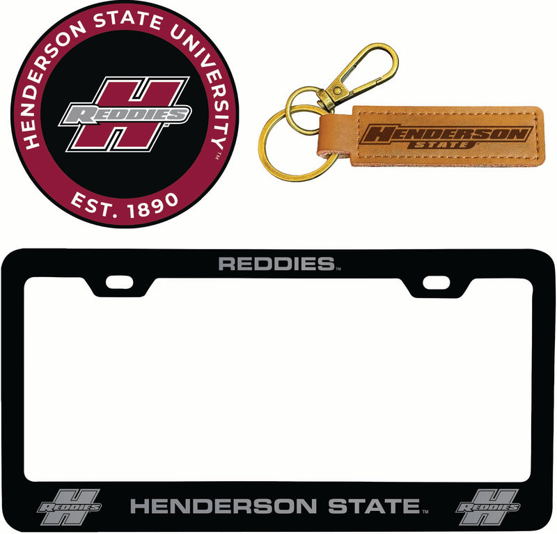 Henderson State Reddies Officially Licensed Auto Pack - Engraved Metal License Plate Frame, Leather Keychain & 2-Pack Logo Stickers 