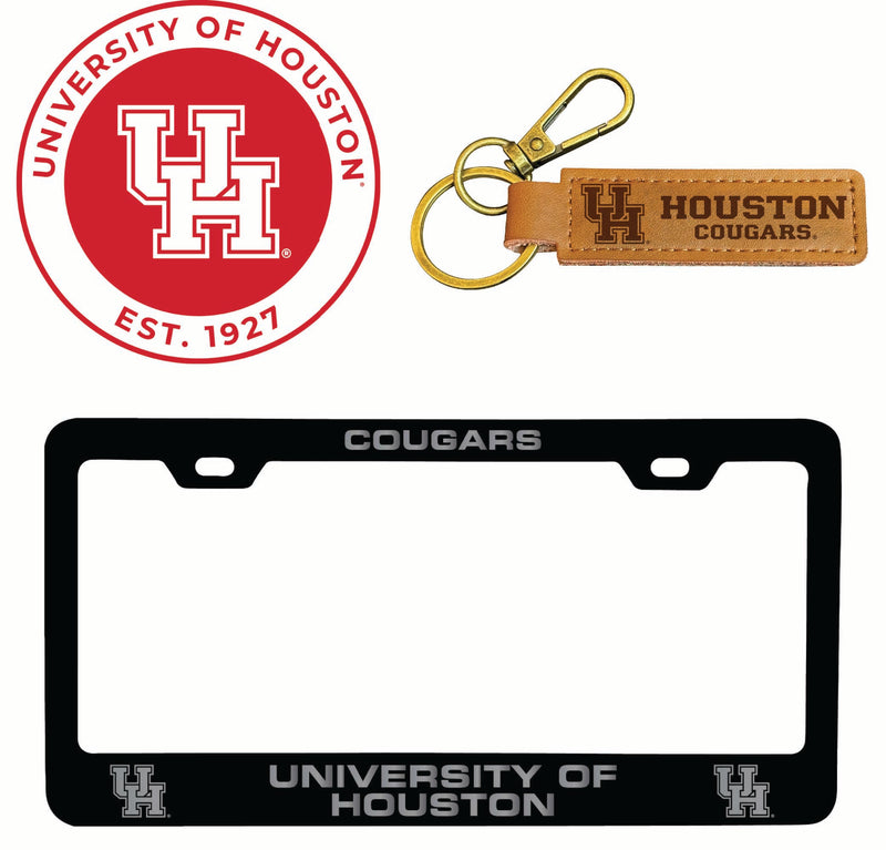 University of Houston Officially Licensed Auto Pack - Engraved Metal License Plate Frame, Leather Keychain & 2-Pack Logo Stickers 