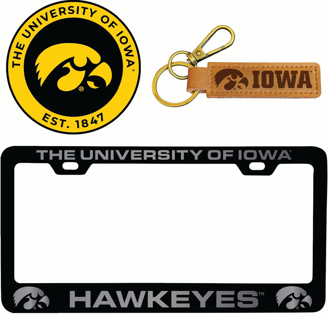 Iowa Hawkeyes Officially Licensed Auto Pack - Engraved Metal License Plate Frame, Leather Keychain & 2-Pack Logo Stickers 