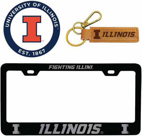 Illinois Fighting Illini Officially Licensed Auto Pack - Engraved Metal License Plate Frame, Leather Keychain & 2-Pack Logo Stickers 