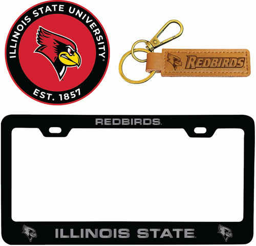 Illinois State Redbirds Officially Licensed Auto Pack - Engraved Metal License Plate Frame, Leather Keychain & 2-Pack Logo Stickers 