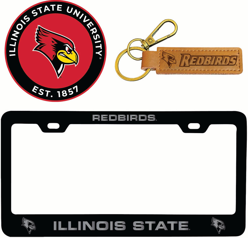 Illinois State Redbirds Officially Licensed Auto Pack - Engraved Metal License Plate Frame, Leather Keychain & 2-Pack Logo Stickers 