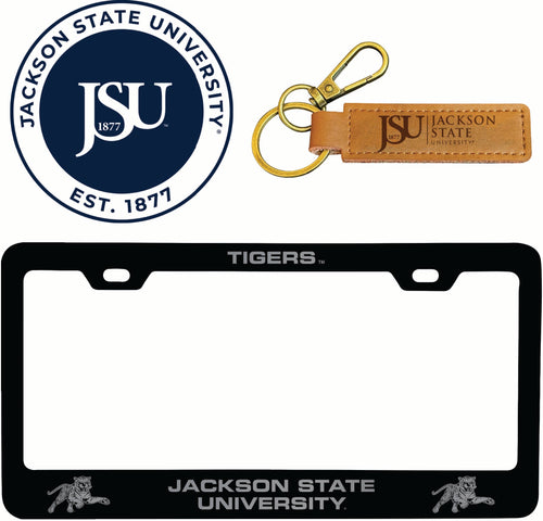 Jackson State University Officially Licensed Auto Pack - Engraved Metal License Plate Frame, Leather Keychain & 2-Pack Logo Stickers 