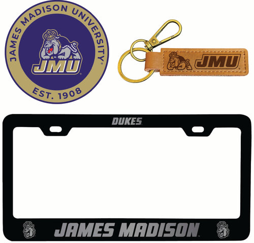 James Madison Dukes Officially Licensed Auto Pack - Engraved Metal License Plate Frame, Leather Keychain & 2-Pack Logo Stickers 