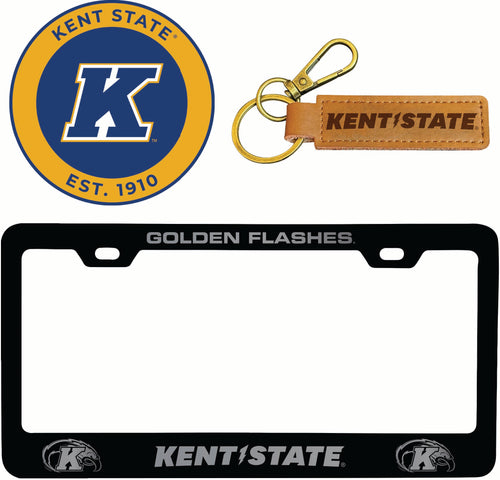 Kent State University Officially Licensed Auto Pack - Engraved Metal License Plate Frame, Leather Keychain & 2-Pack Logo Stickers 