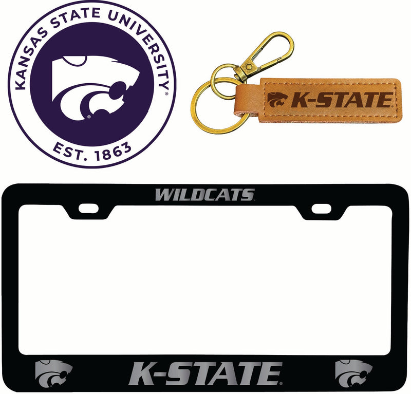 Kansas State Wildcats Officially Licensed Auto Pack - Engraved Metal License Plate Frame, Leather Keychain & 2-Pack Logo Stickers 