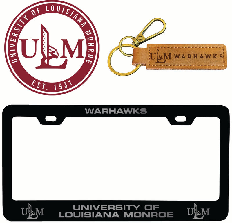 University of Louisiana Monroe Officially Licensed Auto Pack - Engraved Metal License Plate Frame, Leather Keychain & 2-Pack Logo Stickers 