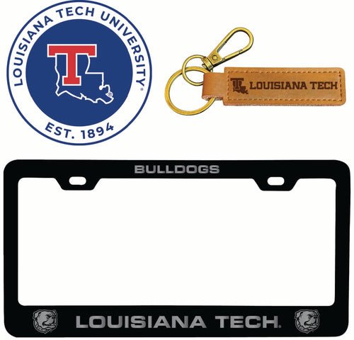 Louisiana Tech Bulldogs Officially Licensed Auto Pack - Engraved Metal License Plate Frame, Leather Keychain & 2-Pack Logo Stickers 