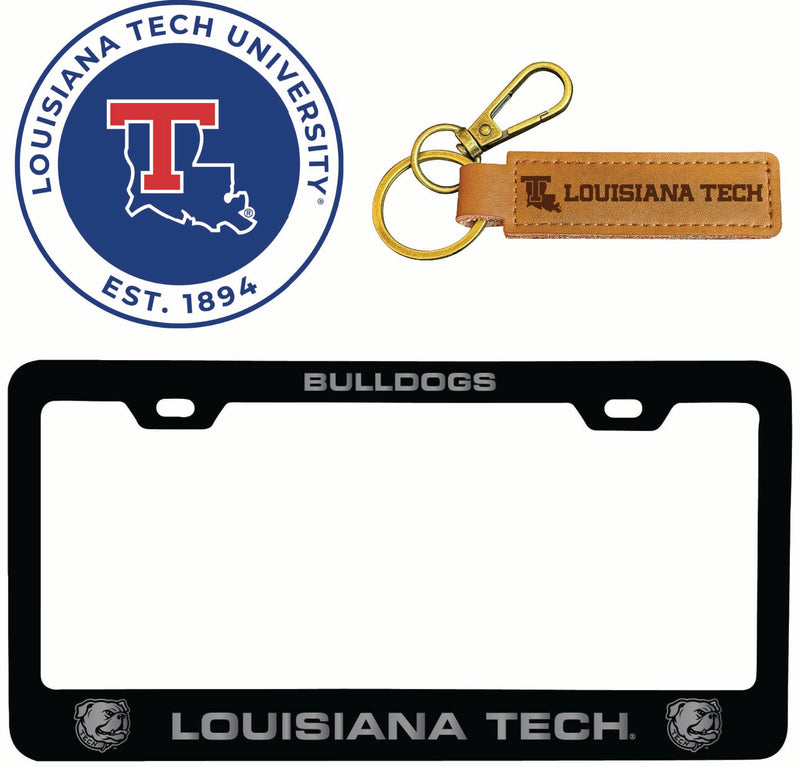 Louisiana Tech Bulldogs Officially Licensed Auto Pack - Engraved Metal License Plate Frame, Leather Keychain & 2-Pack Logo Stickers 