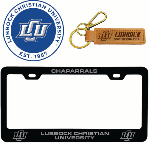 Lubbock Christian University Chaparral Officially Licensed Auto Pack - Engraved Metal License Plate Frame, Leather Keychain & 2-Pack Logo Stickers 