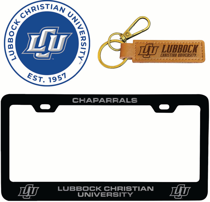 Lubbock Christian University Chaparral Officially Licensed Auto Pack - Engraved Metal License Plate Frame, Leather Keychain & 2-Pack Logo Stickers 