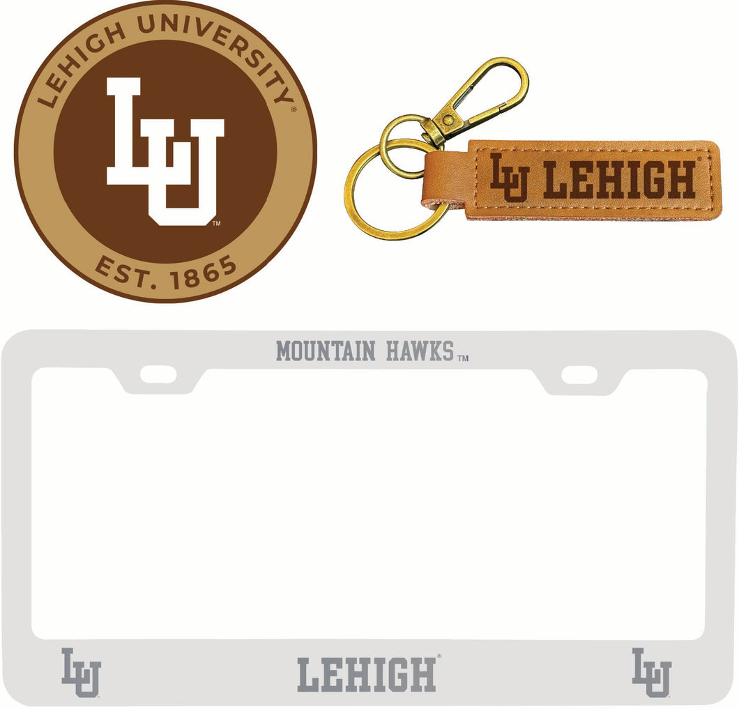 Lehigh University Mountain Hawks Officially Licensed Auto Pack - Engraved Metal License Plate Frame, Leather Keychain & 2-Pack Logo Stickers 