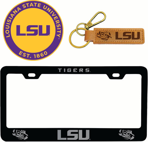 LSU Tigers Officially Licensed Auto Pack - Engraved Metal License Plate Frame, Leather Keychain & 2-Pack Logo Stickers 