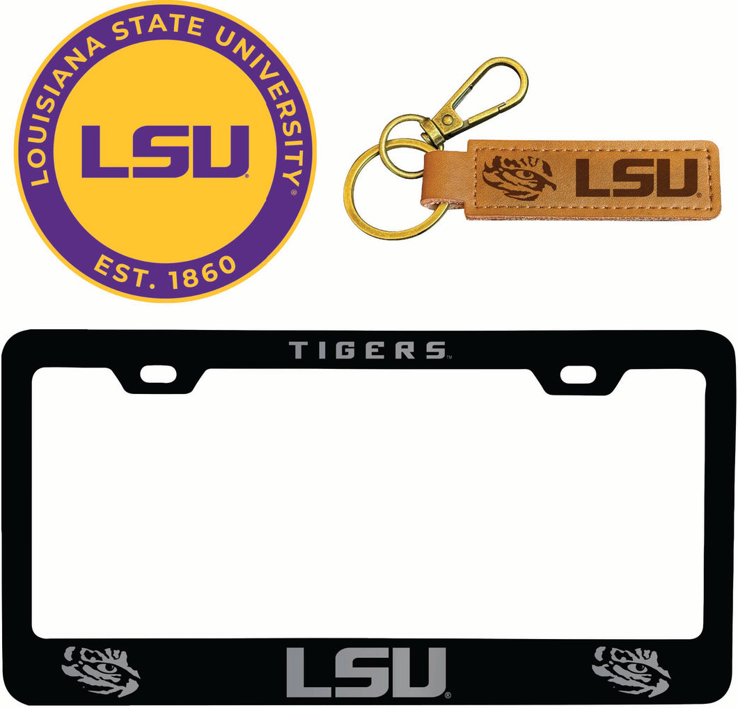 LSU Tigers Officially Licensed Auto Pack - Engraved Metal License Plate Frame, Leather Keychain & 2-Pack Logo Stickers 