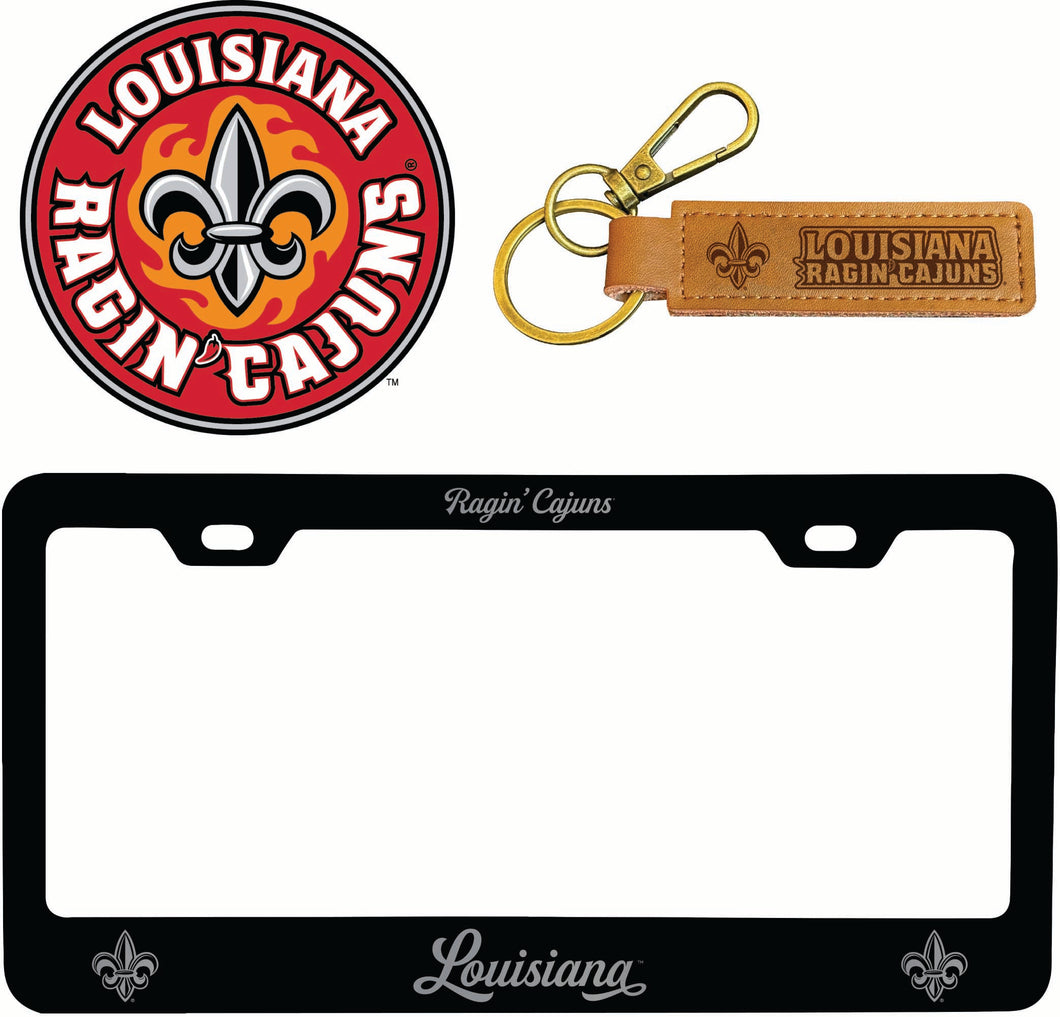 Louisiana at Lafayette Ragin' Cajuns Officially Licensed Auto Pack - Engraved Metal License Plate Frame, Leather Keychain & 2-Pack Logo Stickers 