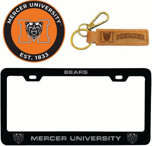 Mercer University Officially Licensed Auto Pack - Engraved Metal License Plate Frame, Leather Keychain & 2-Pack Logo Stickers 
