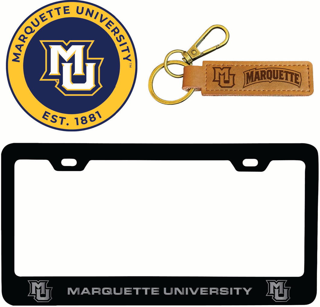 Marquette Golden Eagles Officially Licensed Auto Pack - Engraved Metal License Plate Frame, Leather Keychain & 2-Pack Logo Stickers 