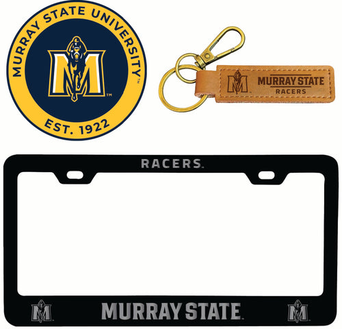 Murray State University Officially Licensed Auto Pack - Engraved Metal License Plate Frame, Leather Keychain & 2-Pack Logo Stickers 