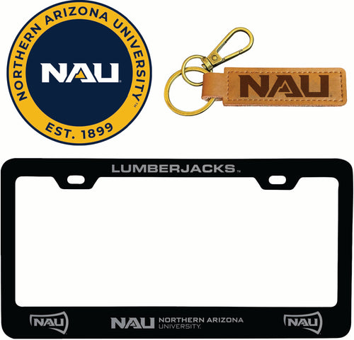 Northern Arizona University Officially Licensed Auto Pack - Engraved Metal License Plate Frame, Leather Keychain & 2-Pack Logo Stickers 