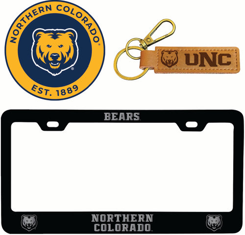 Northern Colorado Bears Officially Licensed Auto Pack - Engraved Metal License Plate Frame, Leather Keychain & 2-Pack Logo Stickers 