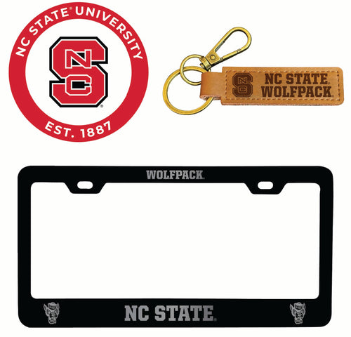 NC State Wolfpack Officially Licensed Auto Pack - Engraved Metal License Plate Frame, Leather Keychain & 2-Pack Logo Stickers 