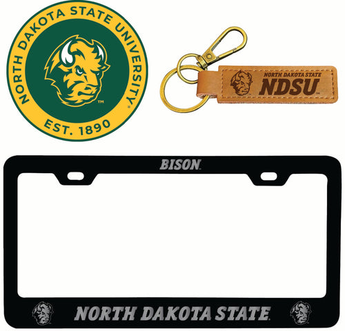 North Dakota State Bison Officially Licensed Auto Pack - Engraved Metal License Plate Frame, Leather Keychain & 2-Pack Logo Stickers 