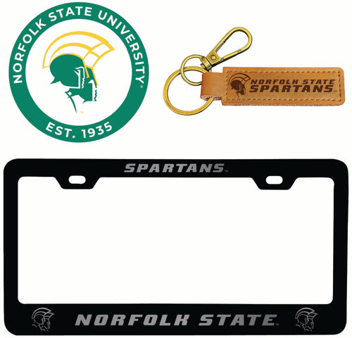 Norfolk State University Officially Licensed Auto Pack - Engraved Metal License Plate Frame, Leather Keychain & 2-Pack Logo Stickers 