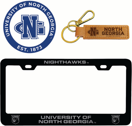 North Georgia Nighthawks Officially Licensed Auto Pack - Engraved Metal License Plate Frame, Leather Keychain & 2-Pack Logo Stickers 