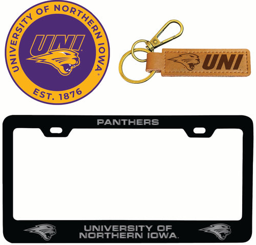 Northern Iowa Panthers Officially Licensed Auto Pack - Engraved Metal License Plate Frame, Leather Keychain & 2-Pack Logo Stickers 