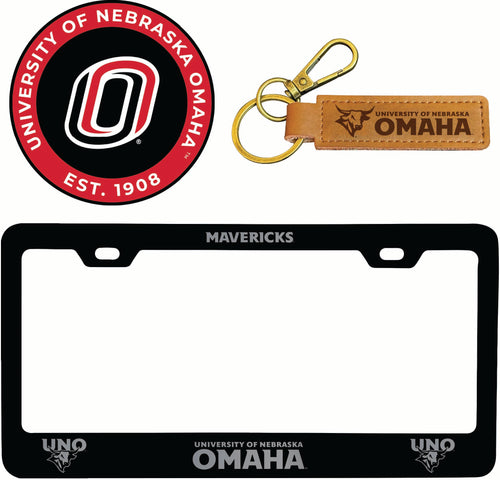 Nebraska at Omaha Officially Licensed Auto Pack - Engraved Metal License Plate Frame, Leather Keychain & 2-Pack Logo Stickers 