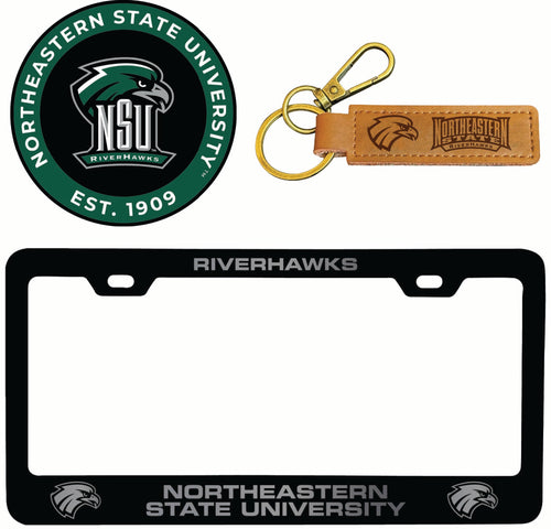 Northeastern State University Riverhawks Officially Licensed Auto Pack - Engraved Metal License Plate Frame, Leather Keychain & 2-Pack Logo Stickers 