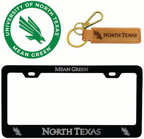 North Texas Officially Licensed Auto Pack - Engraved Metal License Plate Frame, Leather Keychain & 2-Pack Logo Stickers 