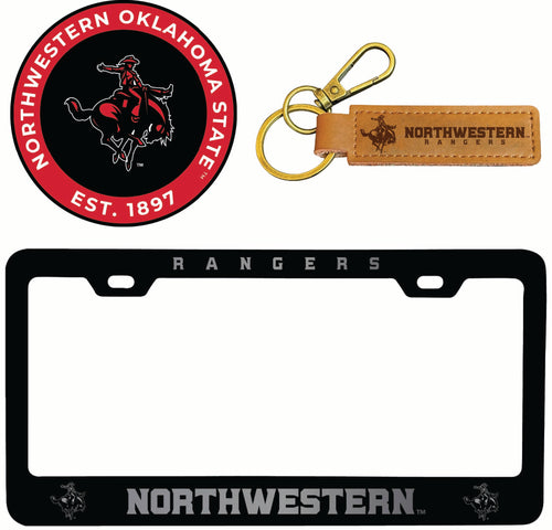 Northwestern Oklahoma State University Officially Licensed Auto Pack - Engraved Metal License Plate Frame, Leather Keychain & 2-Pack Logo Stickers 
