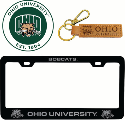Ohio University Officially Licensed Auto Pack - Engraved Metal License Plate Frame, Leather Keychain & 2-Pack Logo Stickers 