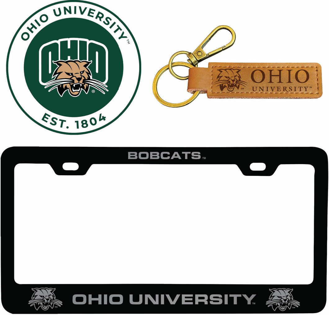 Ohio University Officially Licensed Auto Pack - Engraved Metal License Plate Frame, Leather Keychain & 2-Pack Logo Stickers 