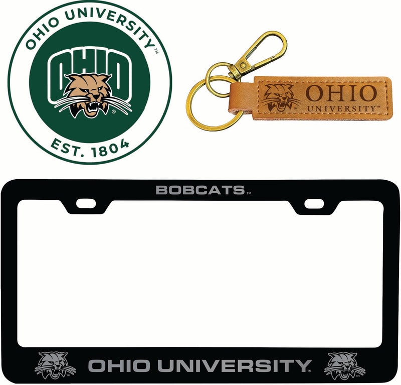 Ohio University Officially Licensed Auto Pack - Engraved Metal License Plate Frame, Leather Keychain & 2-Pack Logo Stickers 