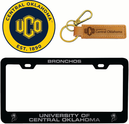 University of Central Oklahoma Bronchos Officially Licensed Auto Pack - Engraved Metal License Plate Frame, Leather Keychain & 2-Pack Logo Stickers 
