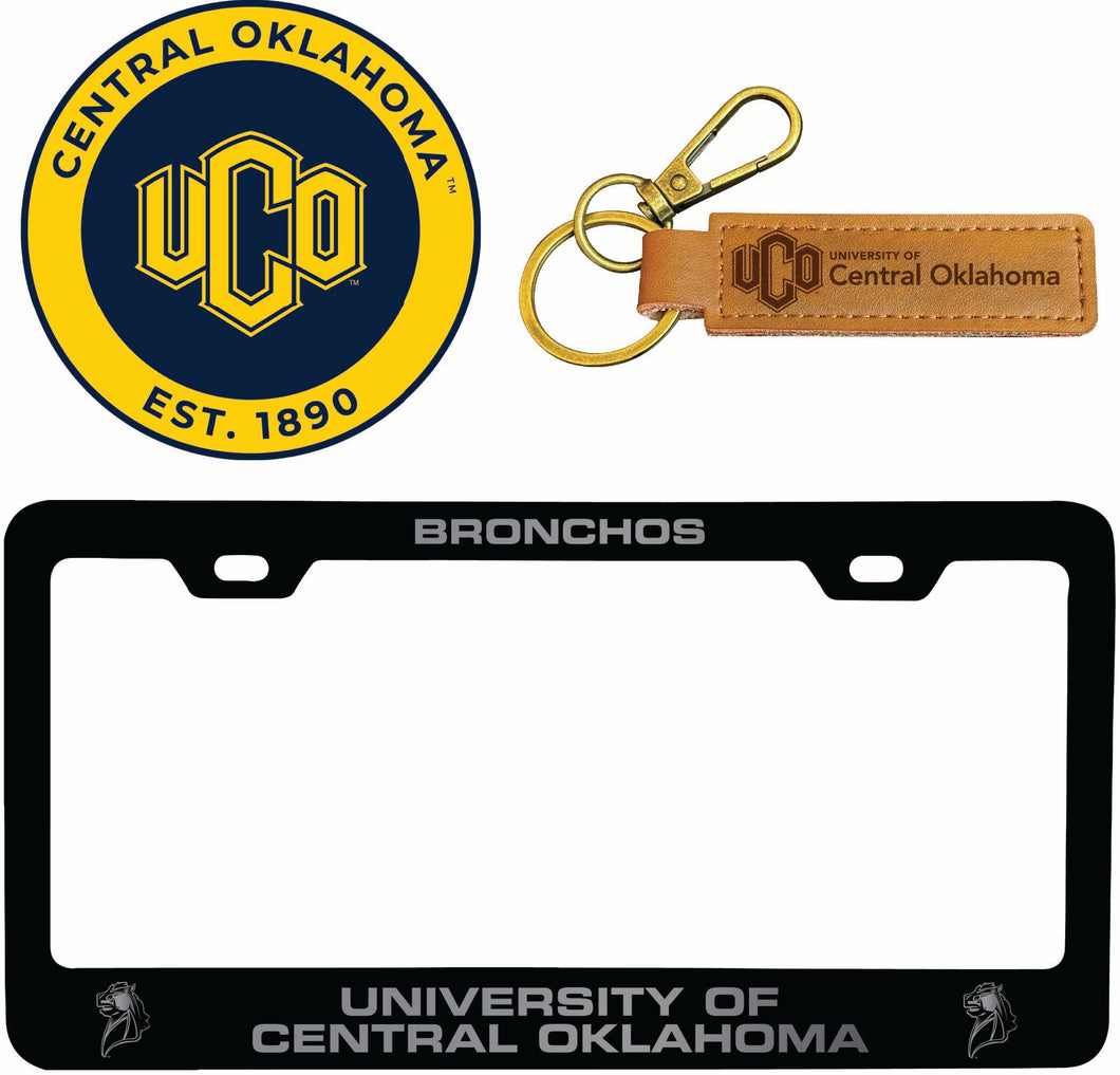 University of Central Oklahoma Bronchos Officially Licensed Auto Pack - Engraved Metal License Plate Frame, Leather Keychain & 2-Pack Logo Stickers 