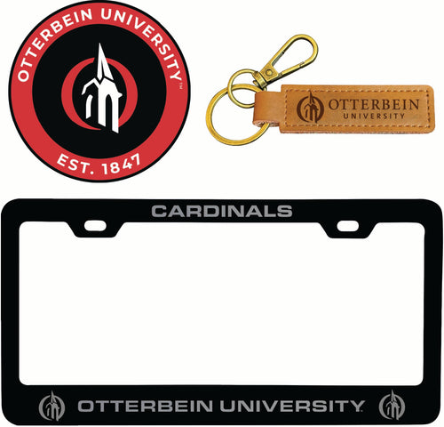 Otterbein University Officially Licensed Auto Pack - Engraved Metal License Plate Frame, Leather Keychain & 2-Pack Logo Stickers 