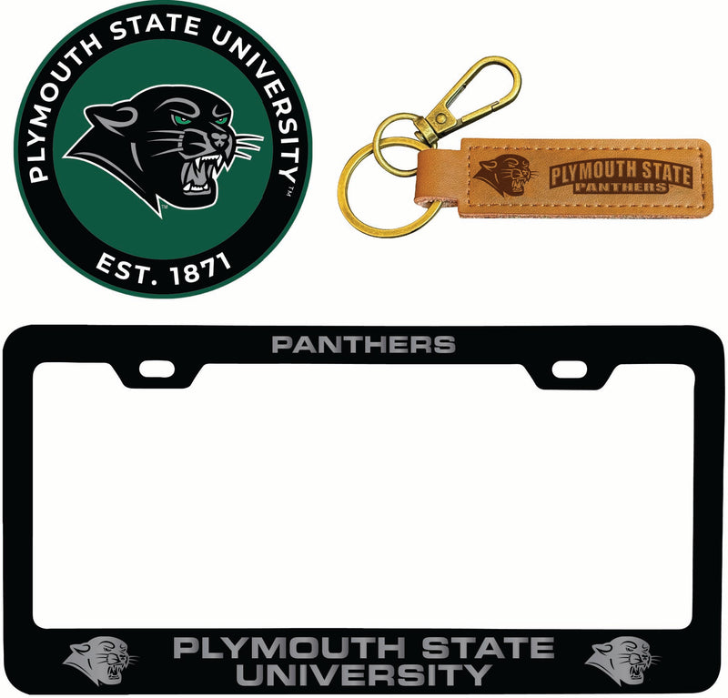 Plymouth State University Officially Licensed Auto Pack - Engraved Metal License Plate Frame, Leather Keychain & 2-Pack Logo Stickers 