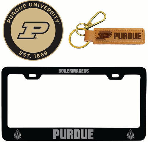 Purdue Boilermakers Officially Licensed Auto Pack - Engraved Metal License Plate Frame, Leather Keychain & 2-Pack Logo Stickers 