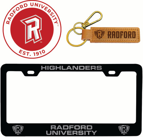 Radford University Highlanders Officially Licensed Auto Pack - Engraved Metal License Plate Frame, Leather Keychain & 2-Pack Logo Stickers 