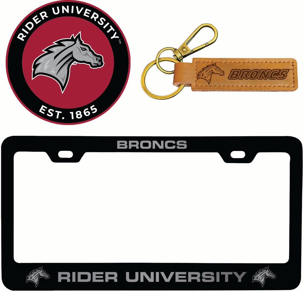 Rider University Broncs Officially Licensed Auto Pack - Engraved Metal License Plate Frame, Leather Keychain & 2-Pack Logo Stickers 