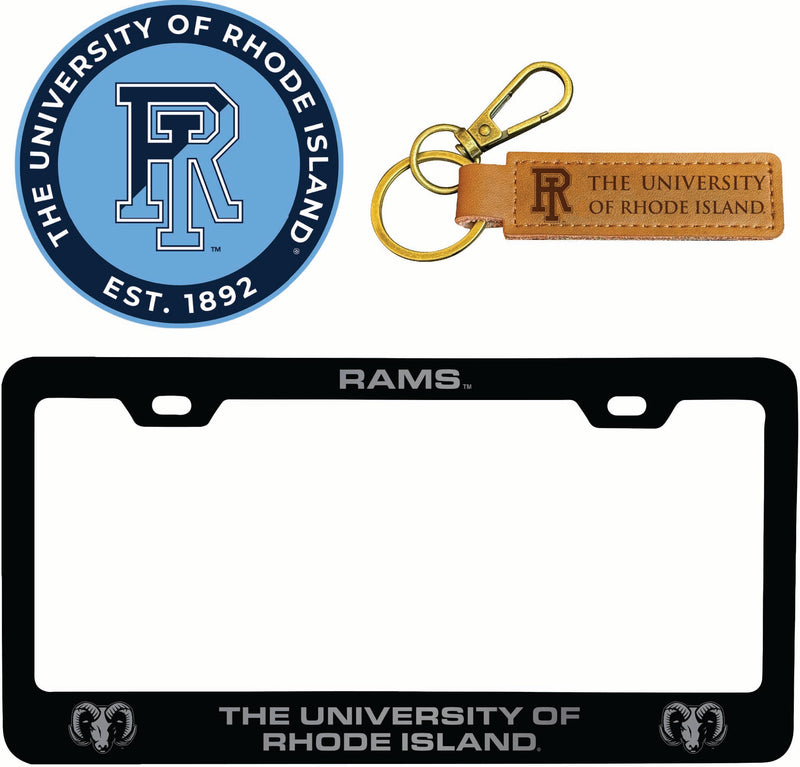 Rhode Island University Officially Licensed Auto Pack - Engraved Metal License Plate Frame, Leather Keychain & 2-Pack Logo Stickers 