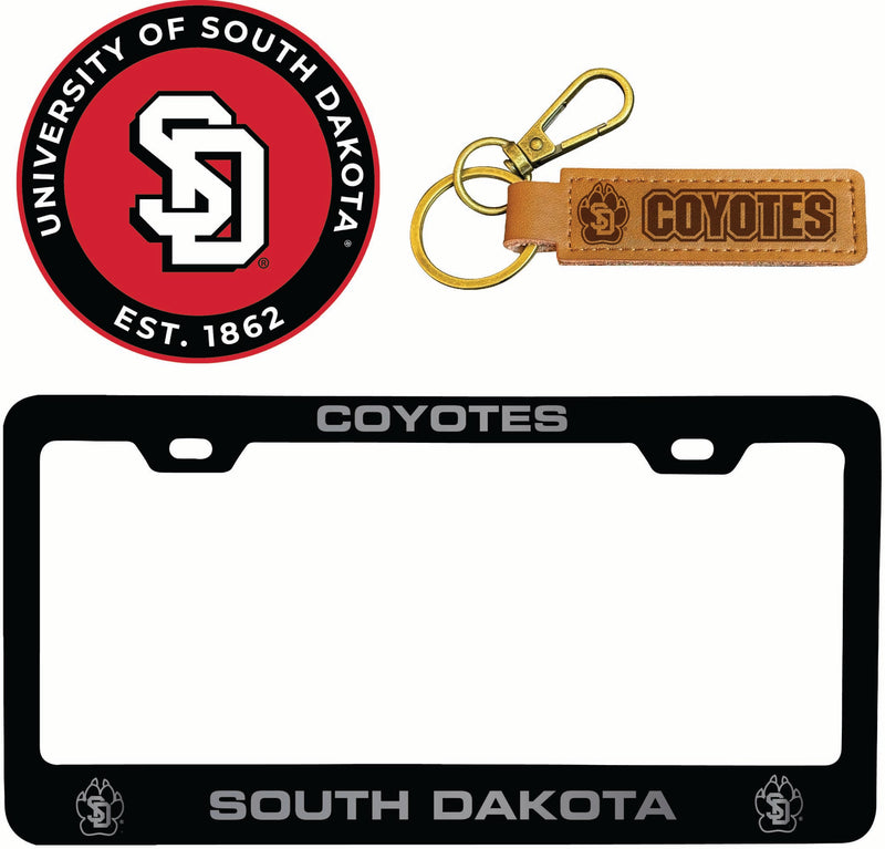 South Dakota Coyotes Officially Licensed Auto Pack - Engraved Metal License Plate Frame, Leather Keychain & 2-Pack Logo Stickers 