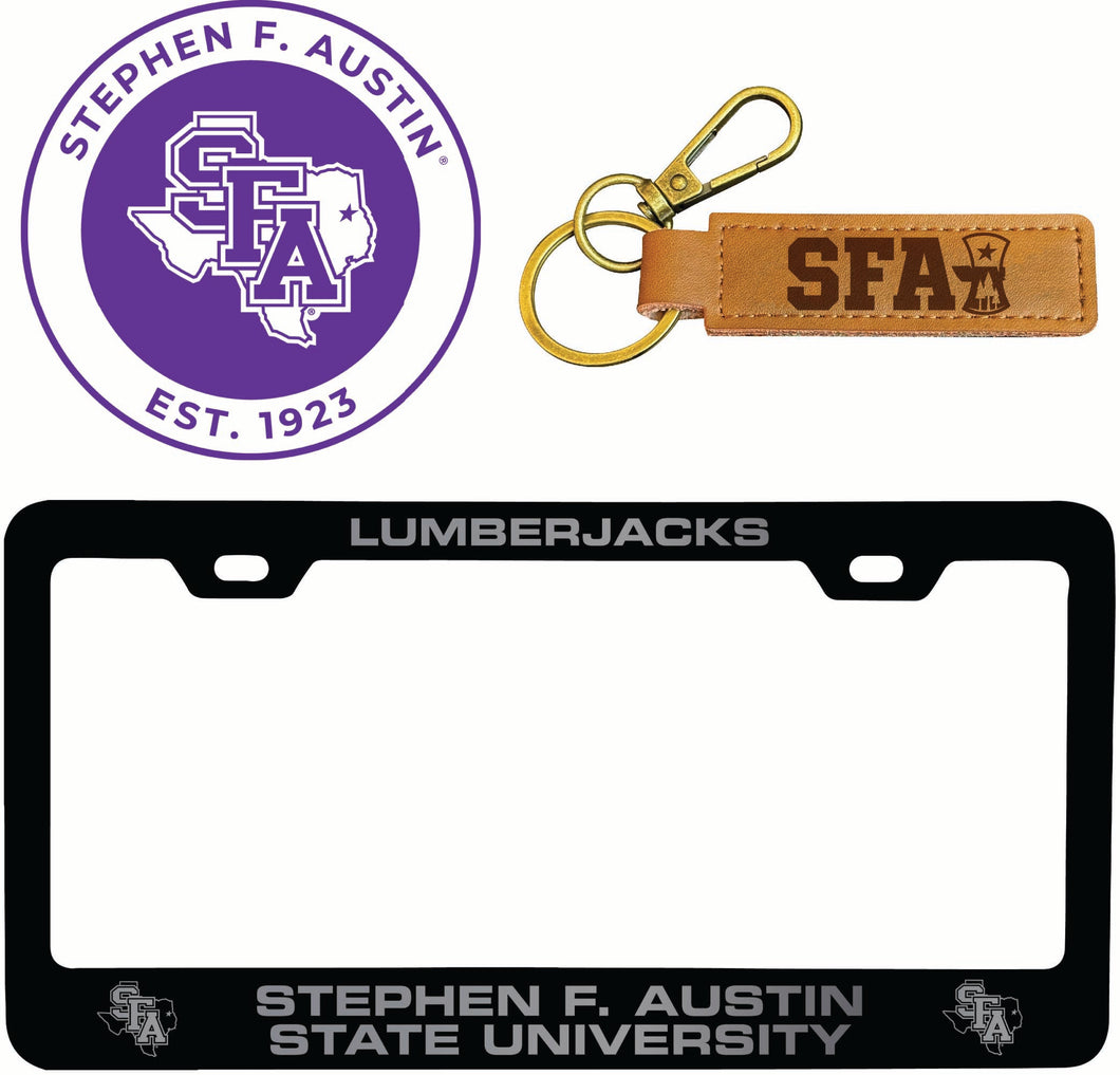 Stephen F. Austin State University Officially Licensed Auto Pack - Engraved Metal License Plate Frame, Leather Keychain & 2-Pack Logo Stickers 