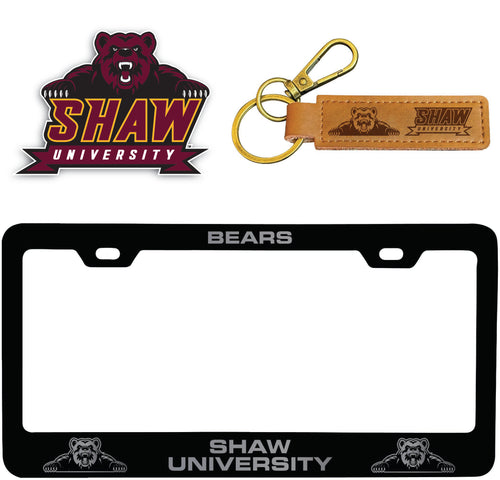 Shaw University Bears Officially Licensed Auto Pack - Engraved Metal License Plate Frame, Leather Keychain & 2-Pack Logo Stickers 