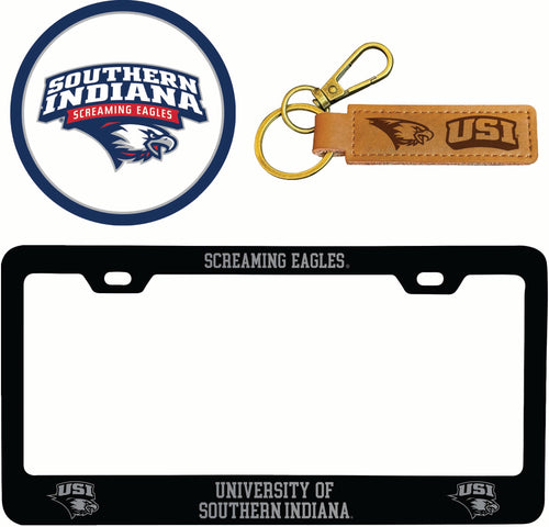 University of Southern Indiana Officially Licensed Auto Pack - Engraved Metal License Plate Frame, Leather Keychain & 2-Pack Logo Stickers 
