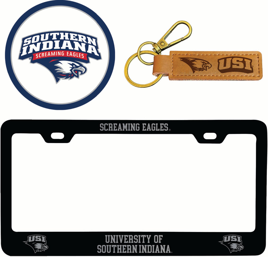 University of Southern Indiana Officially Licensed Auto Pack - Engraved Metal License Plate Frame, Leather Keychain & 2-Pack Logo Stickers 