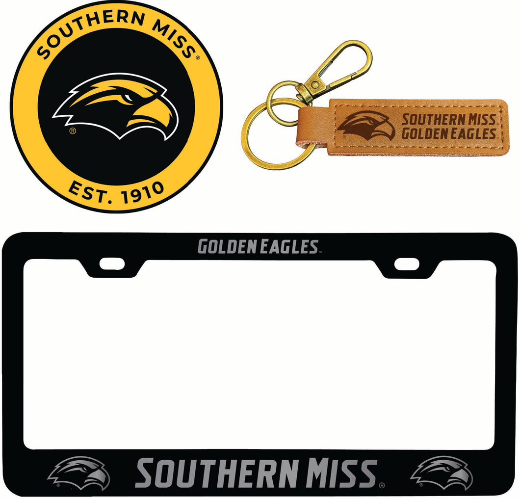 Southern Mississippi Golden Eagles Officially Licensed Auto Pack - Engraved Metal License Plate Frame, Leather Keychain & 2-Pack Logo Stickers 
